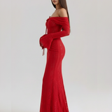 Vestido longo de renda com decote bardot