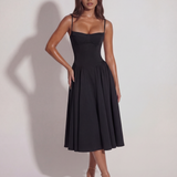 Vestido midi com corpete e saia fluida
