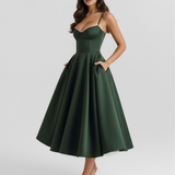 Vestido midi com corpete e saia ampla