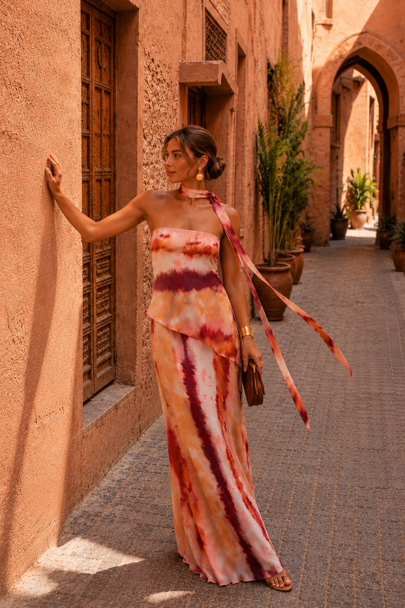 Vestido longo estampado com decote tomara que caia