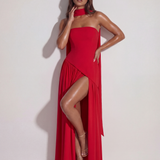 Vestido longo tomara que caia com abertura