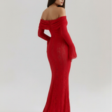 Vestido longo de renda com decote bardot