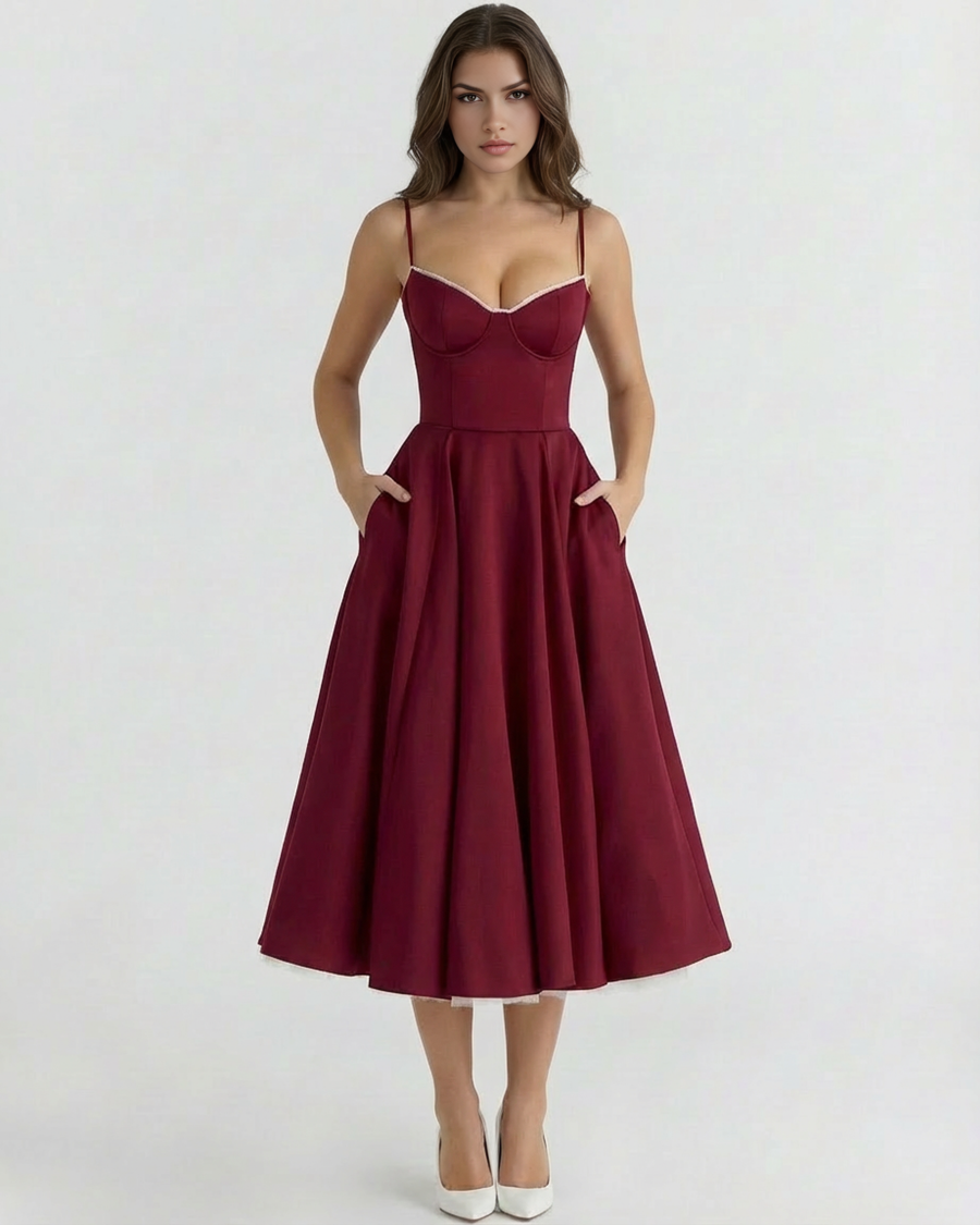 Vestido midi com corpete e saia ampla