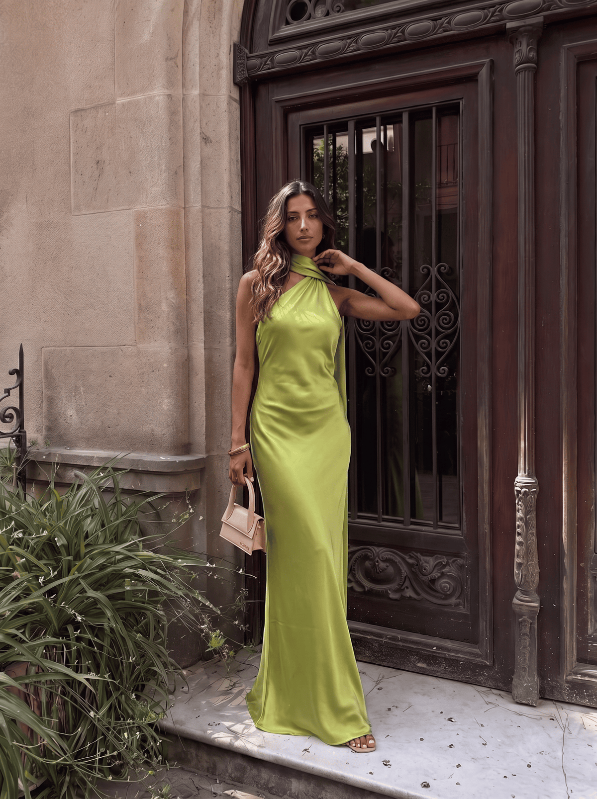 Vestido largo satinado con cuello halter