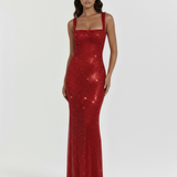 Vestido longo brilhante com decote quadrado