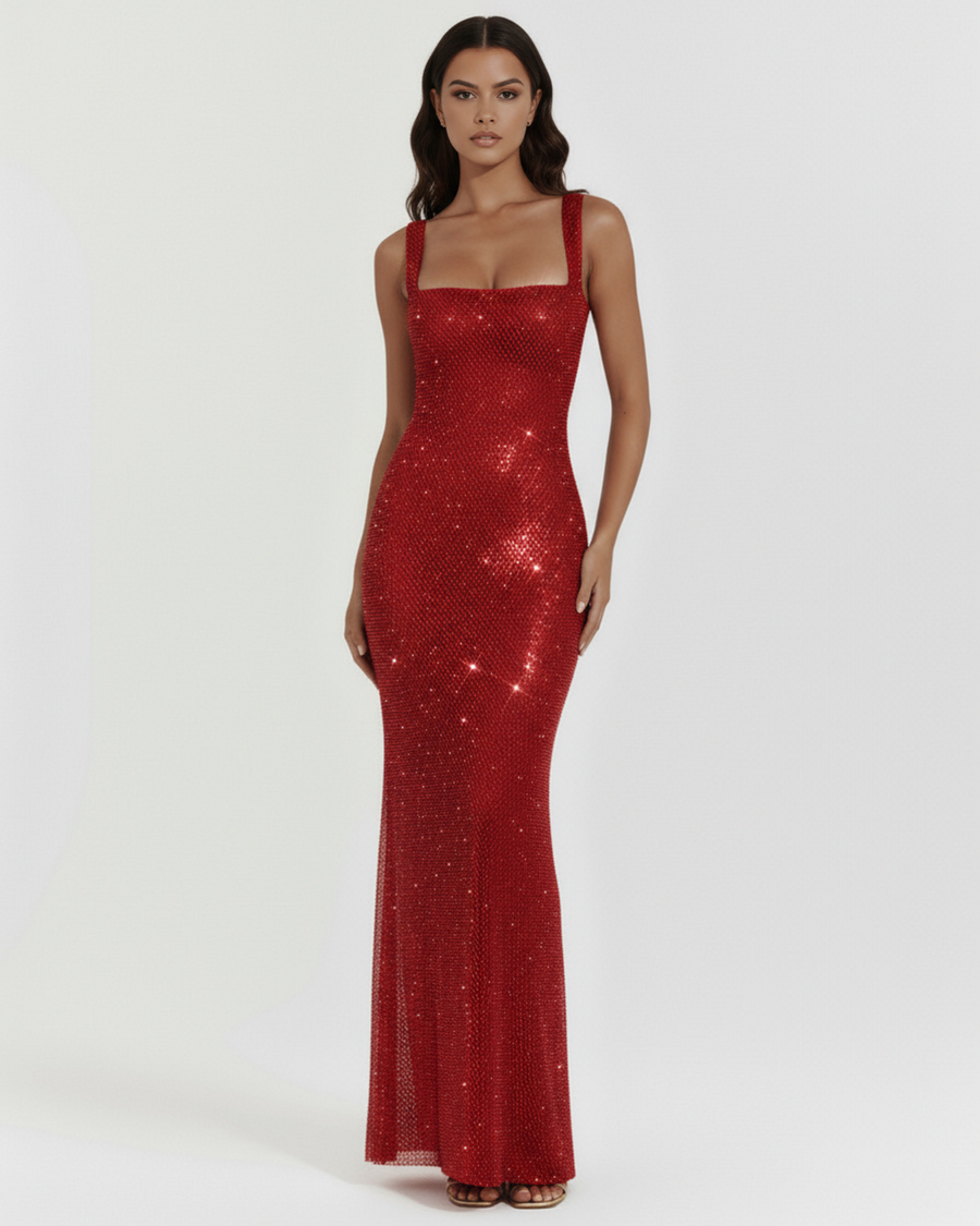 Vestido longo brilhante com decote quadrado