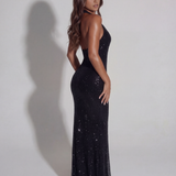 Vestido longo brilhante com decote halter