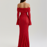 Vestido longo de renda com decote bardot