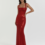 Vestido longo brilhante com decote quadrado
