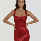 Vestido longo brilhante com decote quadrado