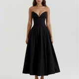 Vestido midi tomara que caia com saia ampla