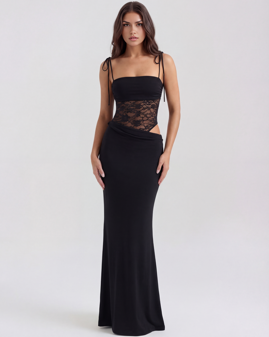 Vestido longo com renda e alças finas