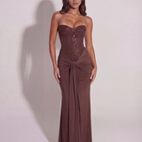 Vestido longo com corpete brilhante e drapeado
