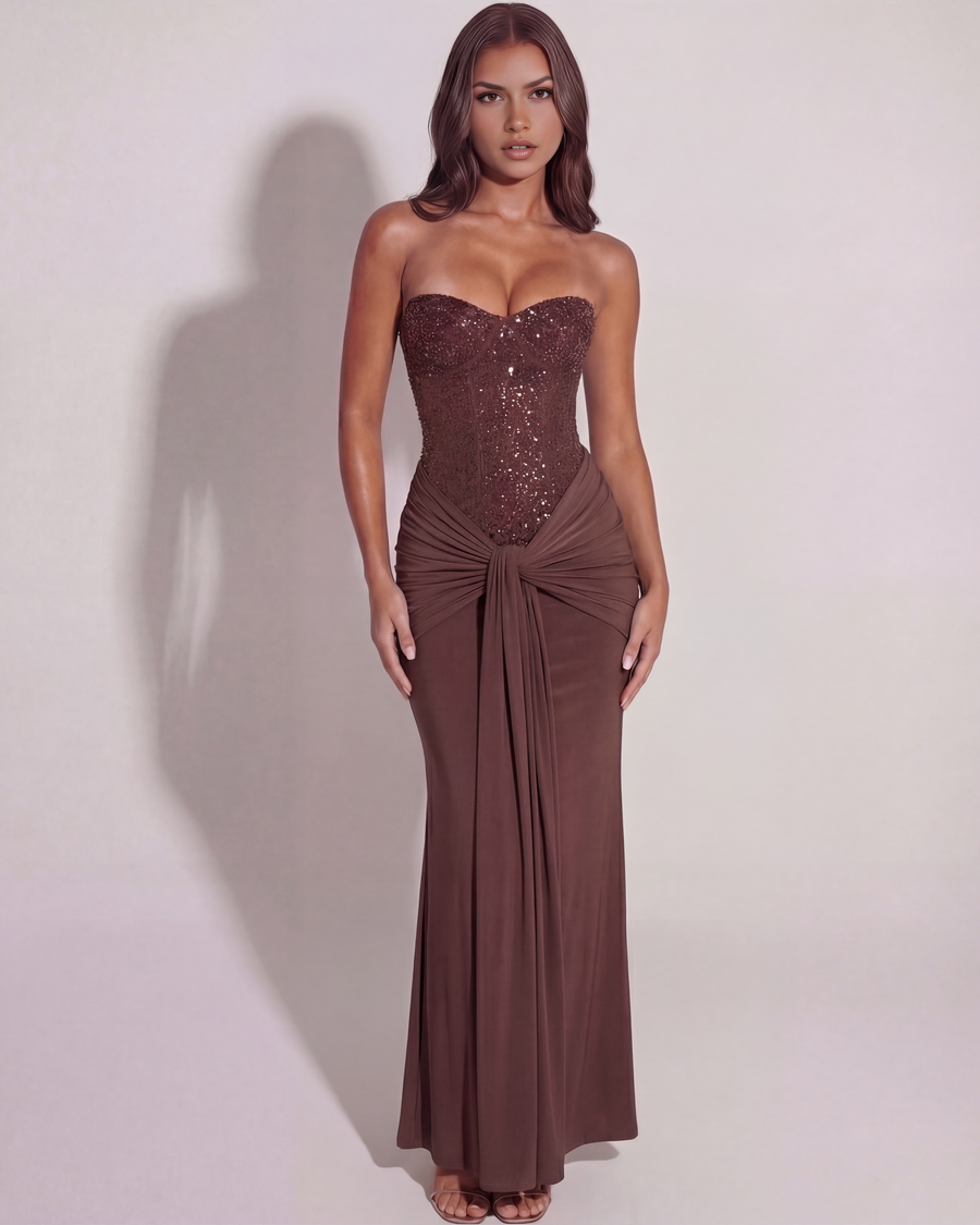 Vestido longo com corpete brilhante e drapeado