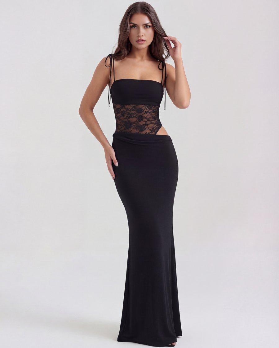 Vestido longo com renda e alças finas