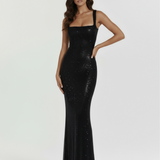 Vestido longo brilhante com decote quadrado