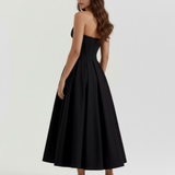 Vestido midi tomara que caia com saia ampla