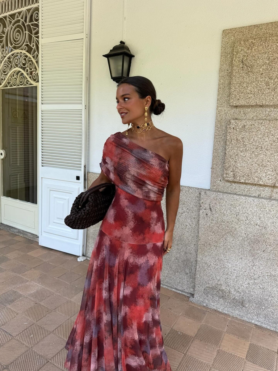 Vestido Longo Ombro Caído Aquarela