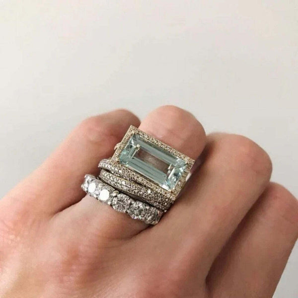 Conjunto de Anéis Cristal Turquesa Prateado