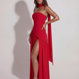 Vestido longo tomara que caia com abertura