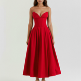 Vestido midi tomara que caia com saia ampla