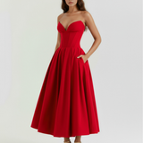Vestido midi tomara que caia com saia ampla