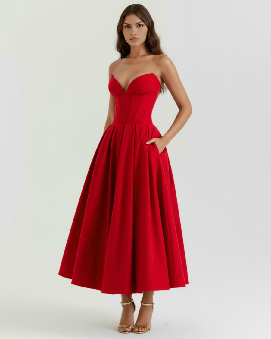Vestido midi tomara que caia com saia ampla