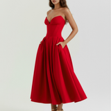 Vestido midi tomara que caia com saia ampla