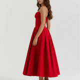 Vestido midi tomara que caia com saia ampla