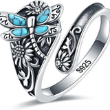 Bague en argent sterling avec cuillère en turquoise – Bague enveloppante bohème vintage avec libellule