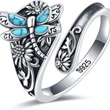 Bague en argent sterling avec cuillère en turquoise – Bague enveloppante bohème vintage avec libellule
