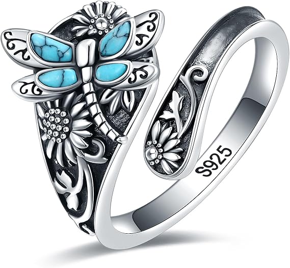 Bague en argent sterling avec cuillère en turquoise – Bague enveloppante bohème vintage avec libellule