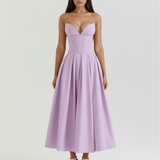 Vestido midi tomara que caia com saia ampla