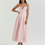 Vestido midi tomara que caia com saia ampla