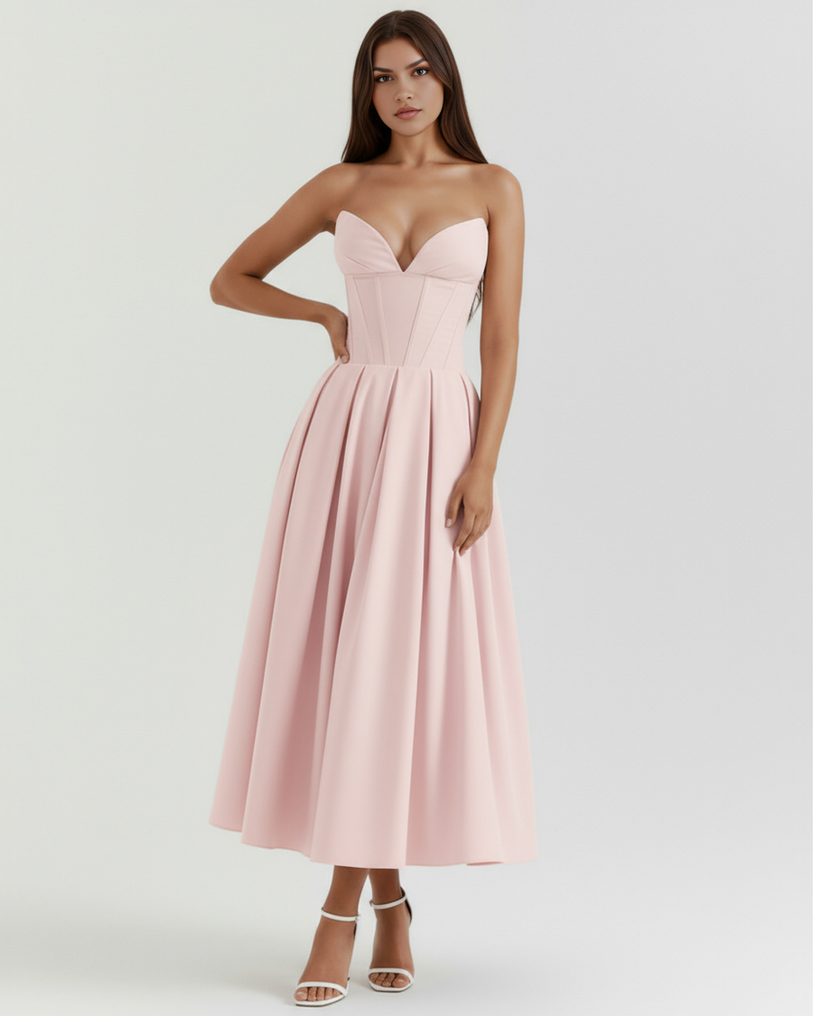 Vestido midi tomara que caia com saia ampla