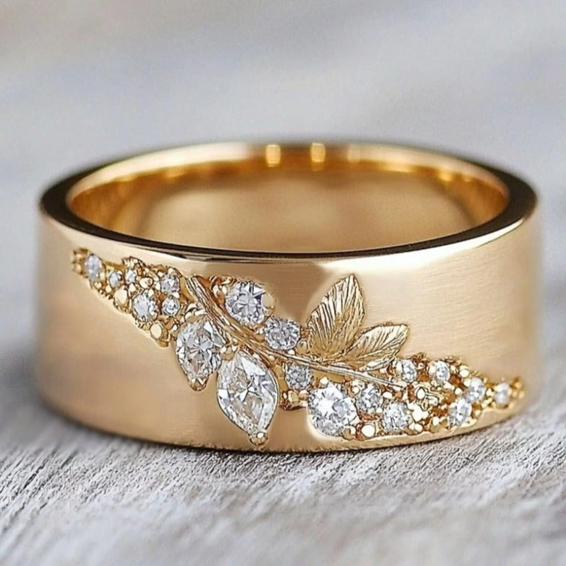 Anel Folha de Zircónias Dourado