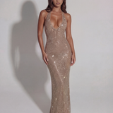Vestido longo brilhante com decote halter