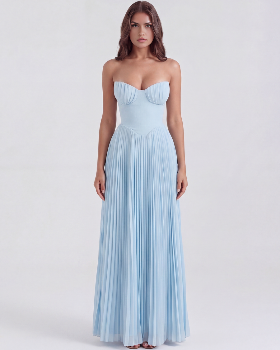 Vestido longo plissado com decote tomara que caia