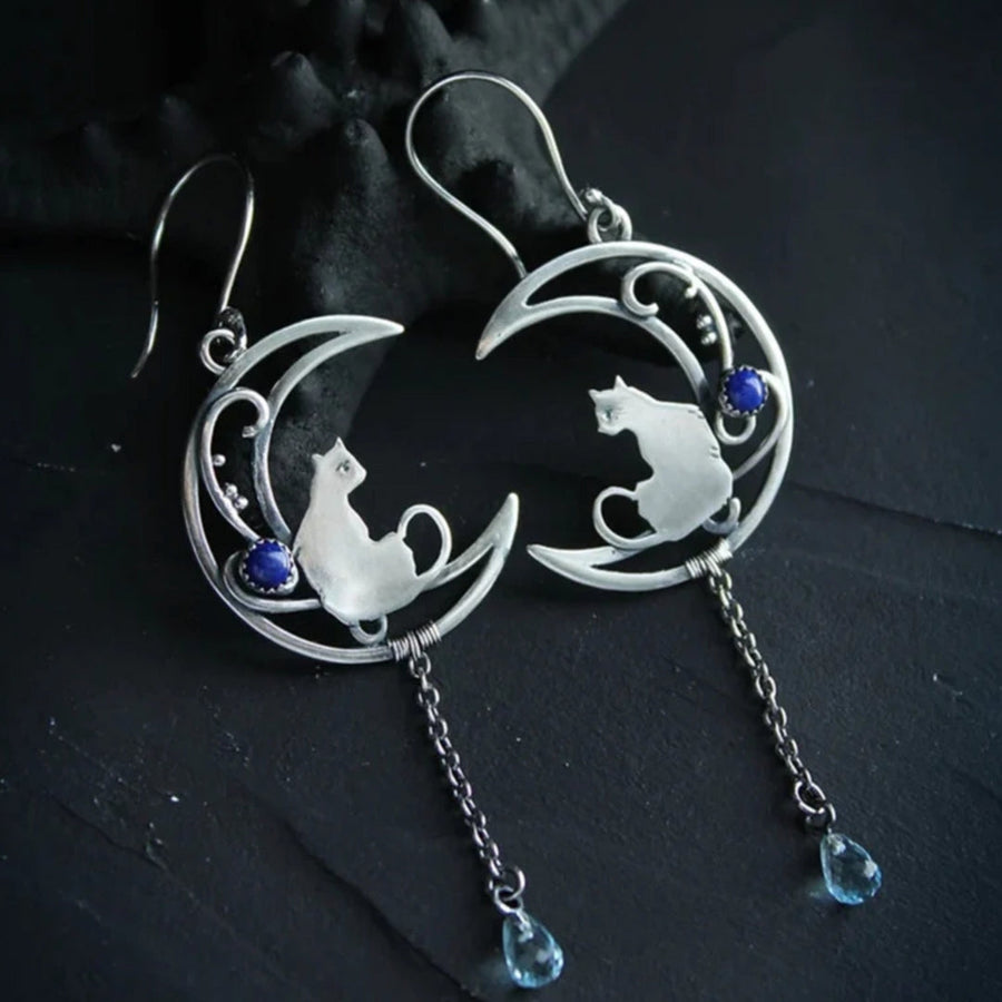 Boucles d'oreilles bohèmes chat en zircon bleu en argent sterling