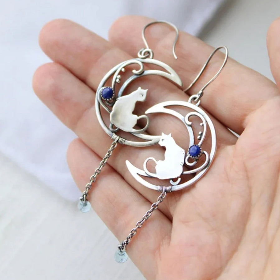 Boucles d'oreilles bohèmes chat en zircon bleu en argent sterling