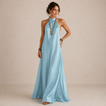 Liana | Vestido Maxi Fluido Azul com Decote Halter