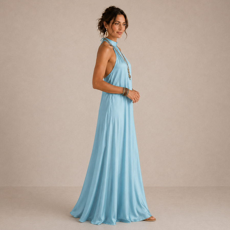 Liana | Vestido Maxi Fluido Azul com Decote Halter