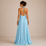 Liana | Vestido Maxi Fluido Azul com Decote Halter