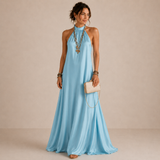Liana | Vestido Maxi Fluido Azul com Decote Halter