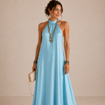 Liana | Vestido Maxi Fluido Azul com Decote Halter