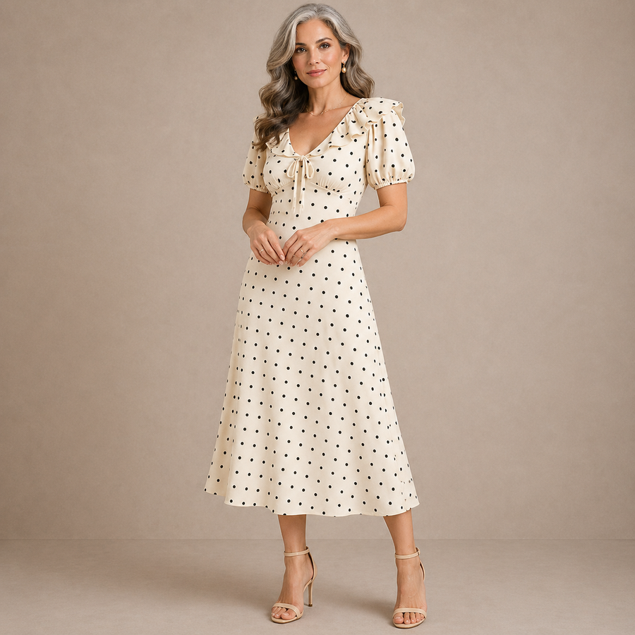 Letícia | Vestido Midi de Bolinhas com Folhos