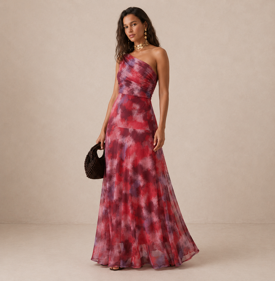 Paloma | Vestido Maxi Estampado de Um Ombro
