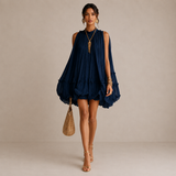 Melissa | Vestido Midi Azul-Noite com Folhos