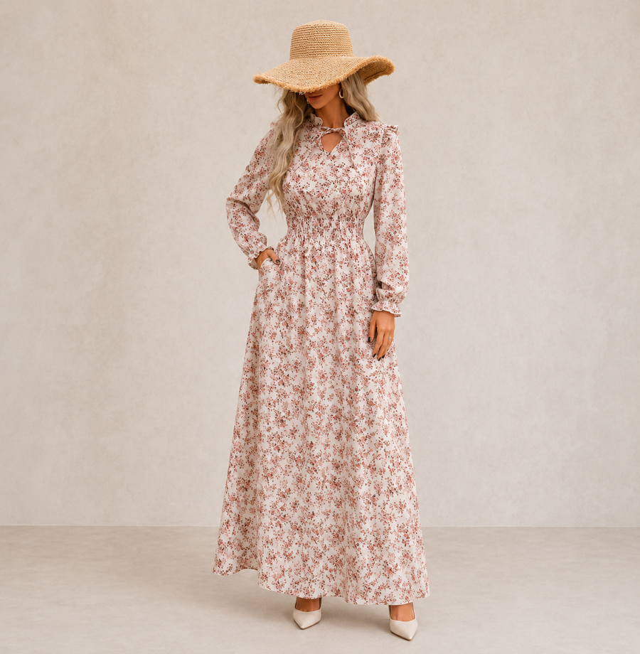 Mara | Vestido Maxi Romântico de Manga Comprida