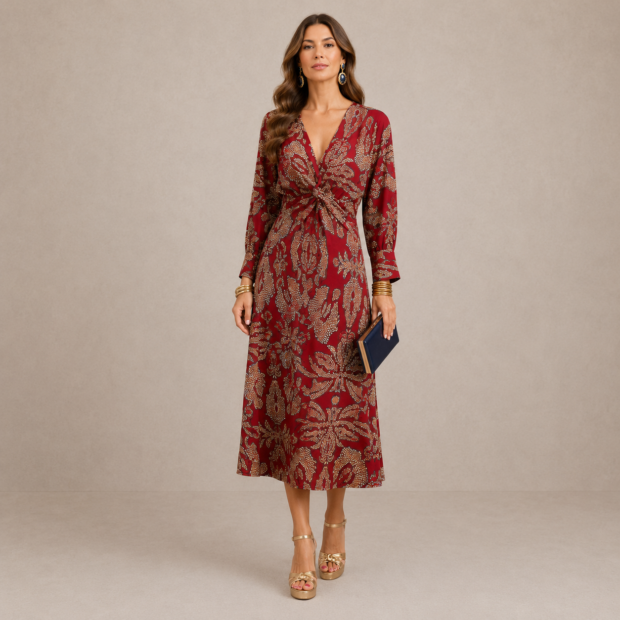 Juliana | Vestido Midi com Decote em V e Cinto